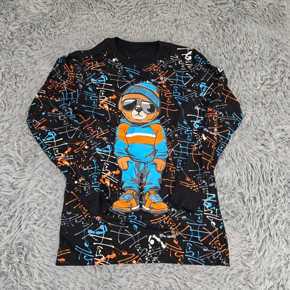 Vibes Hustle Bear Graphic Tee Mens Small Black‎ Long Sleeve Excellent Streetwear